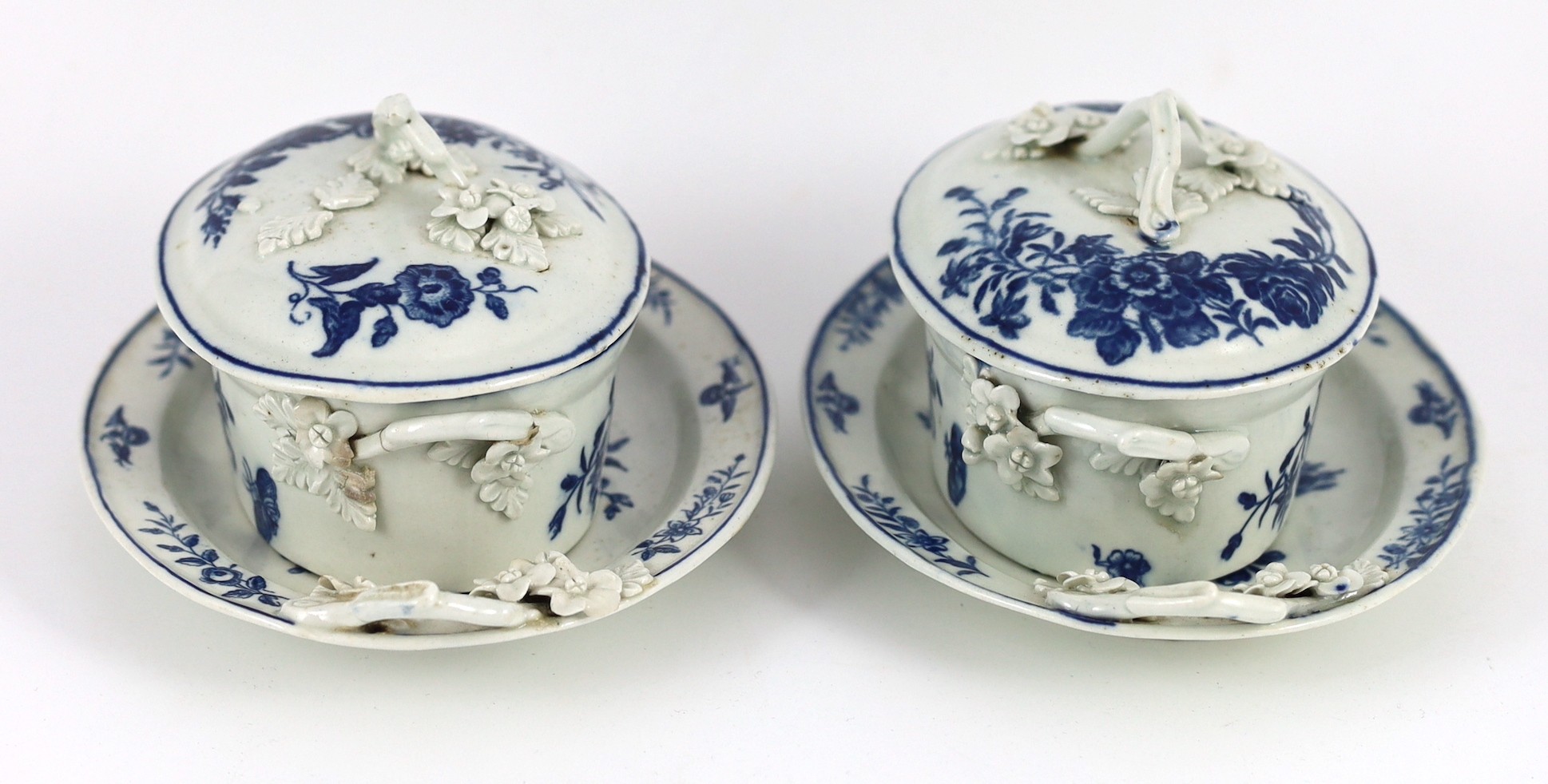 A pair of Caughley blue and white butter tubs, covers and stands, c.1780, stands 19cms wide, tubs and covers 9cms high